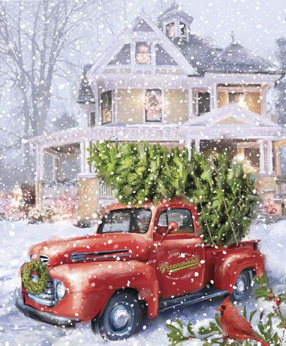 vintage red truck, Christmas tree, snow-covered Victorian home, SD Phone Wallpaper