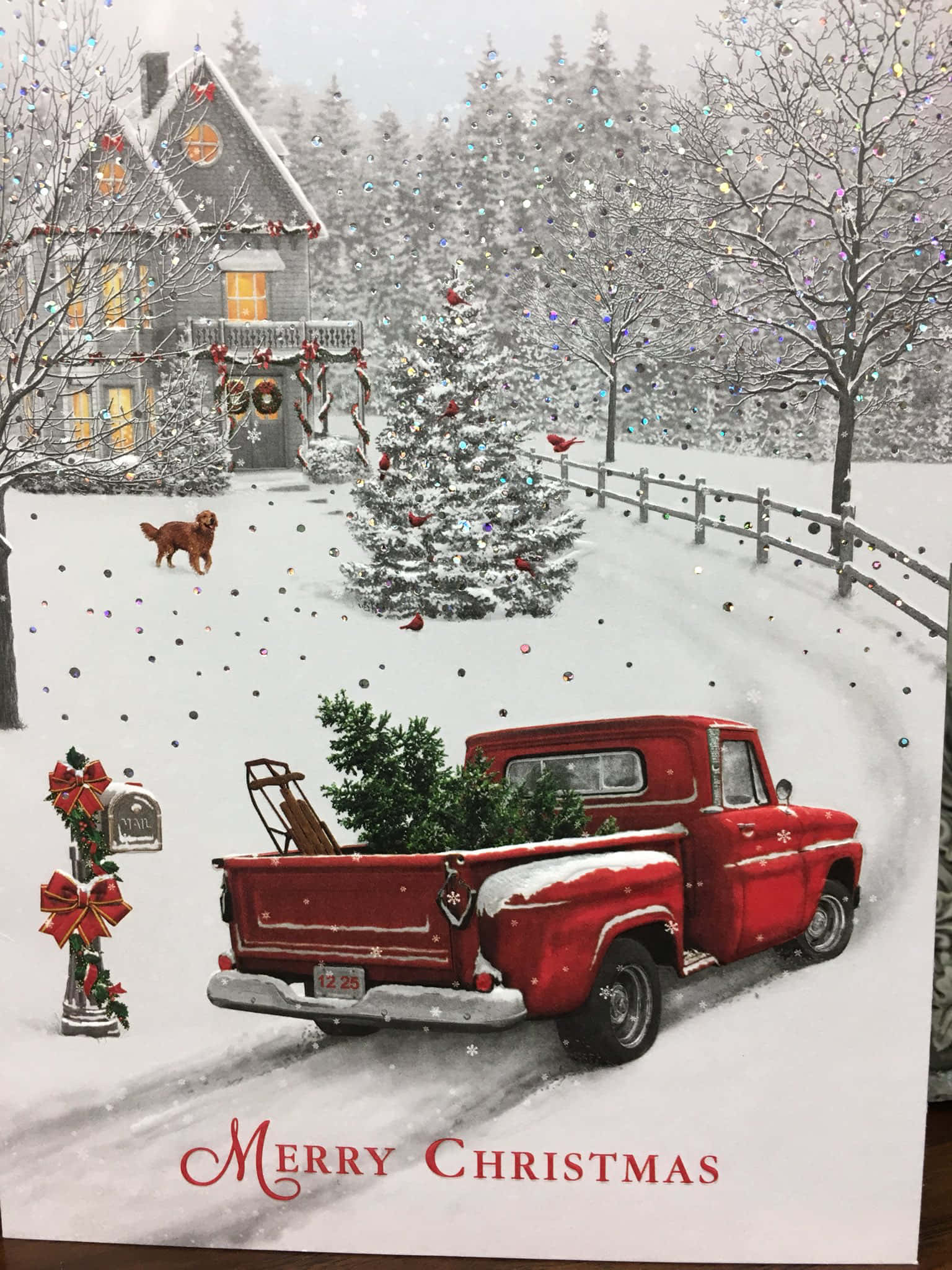 vintage red pickup truck, Christmas tree, snowy village street, Full HD Phone Wallpaper