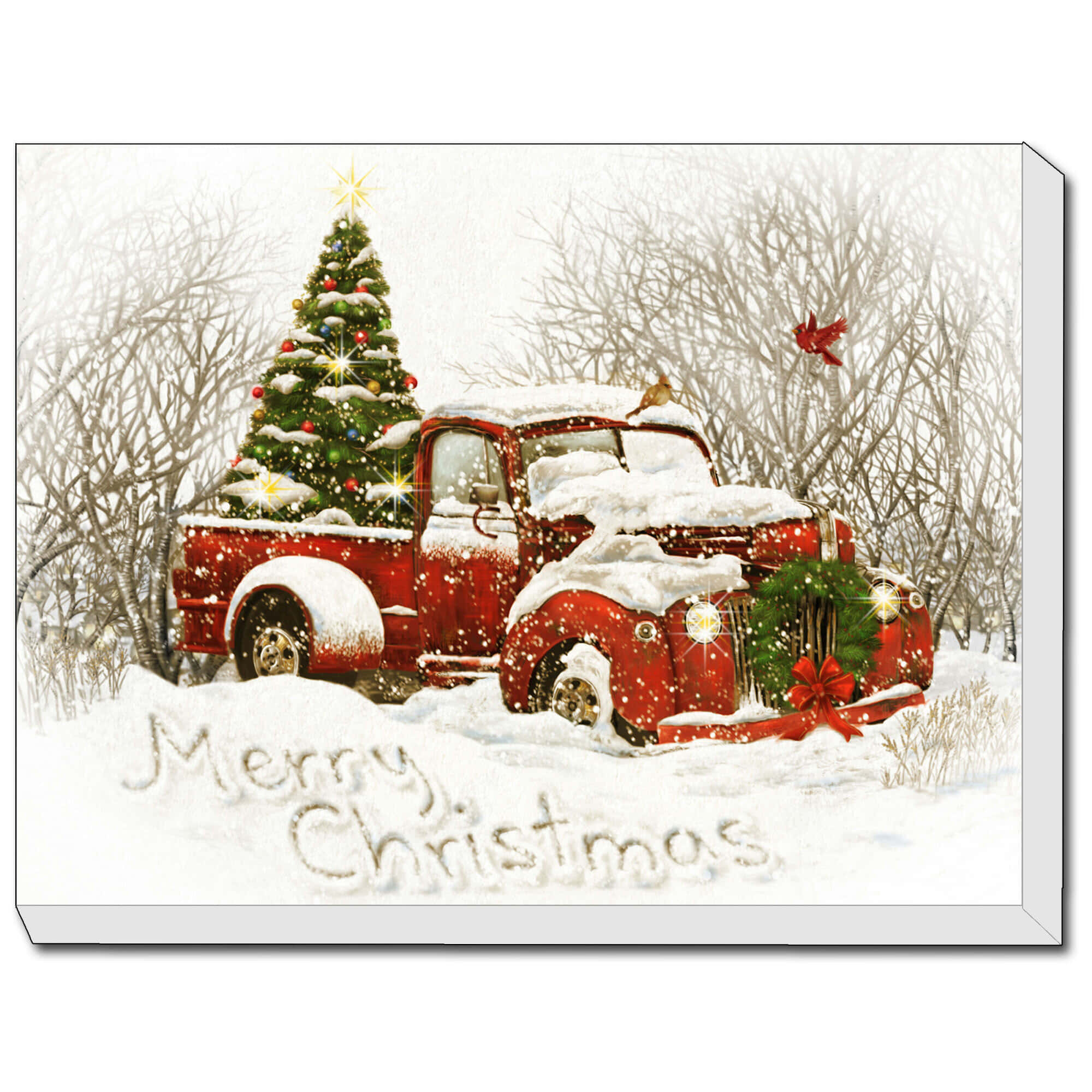 vintage red truck, snowy Christmas tree, winter forest, Full HD Desktop Wallpaper