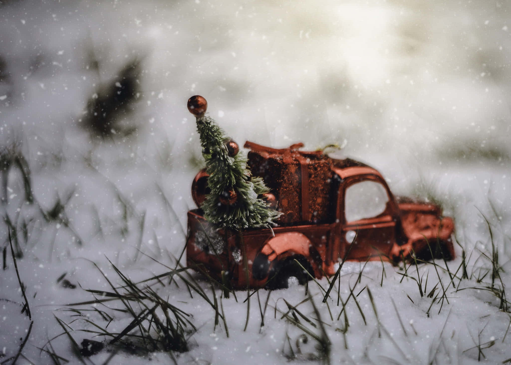 vintage pickup truck, rusty red, miniature Christmas tree, Full HD Desktop Wallpaper