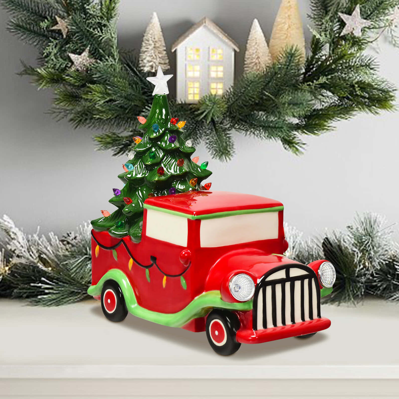 vintage truck, red vintage ceramic truck, Christmas tree, HD Desktop Wallpaper