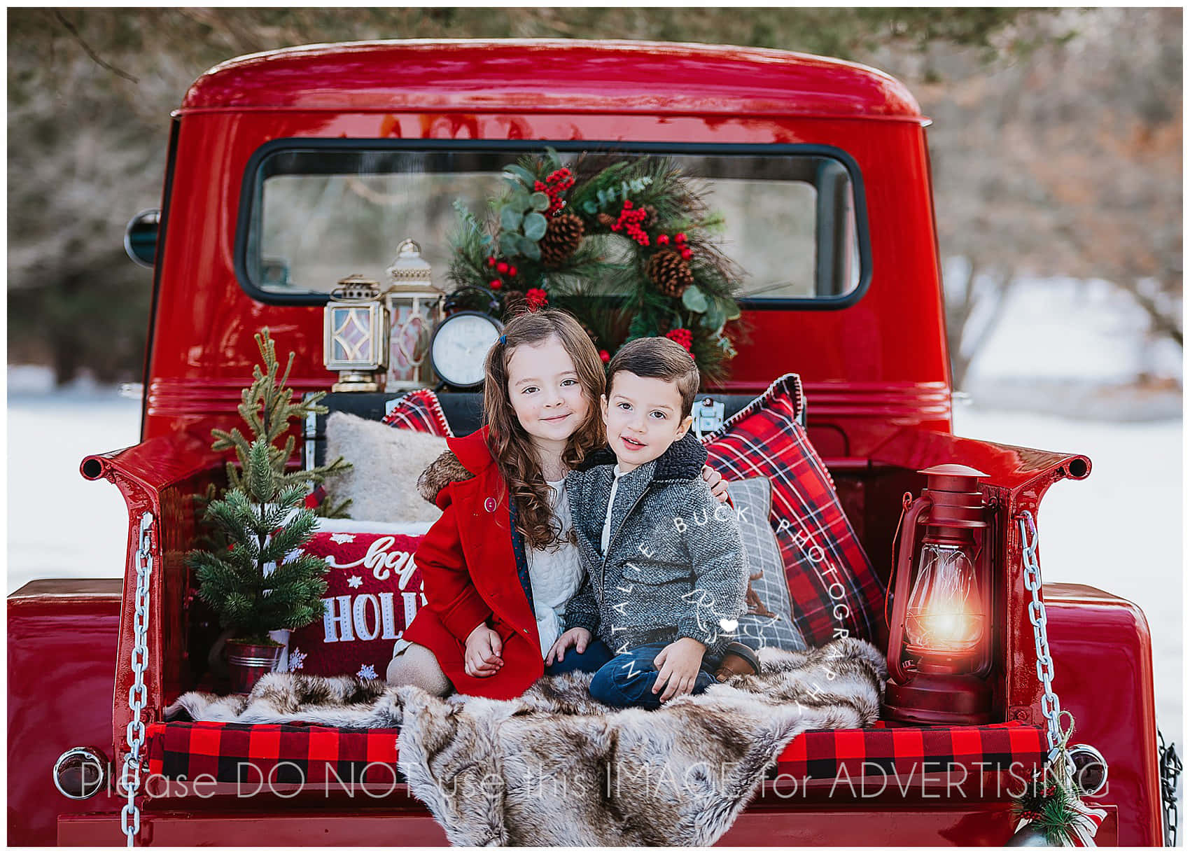 red vintage truck, holiday wreaths, glowing lantern, HD Desktop Wallpaper