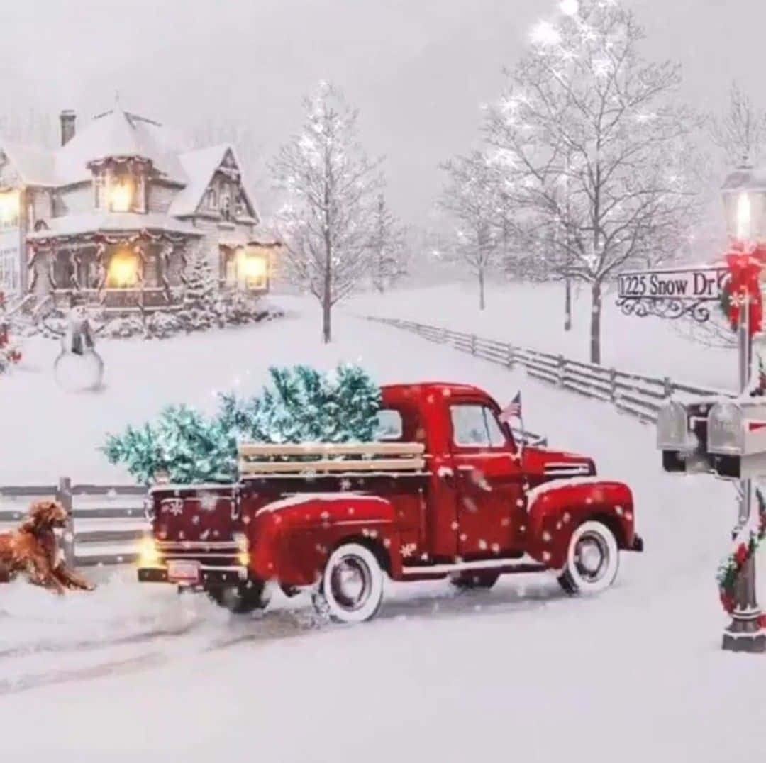 vintage red pickup truck, Christmas tree, snowy village street, SD Desktop Wallpaper