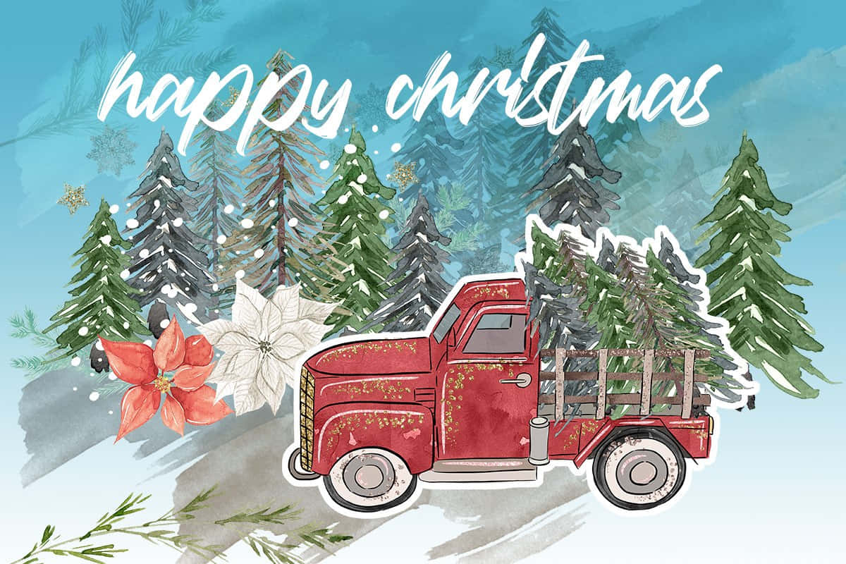 vintage red truck, pine trees, snowy forest, SD Desktop Wallpaper