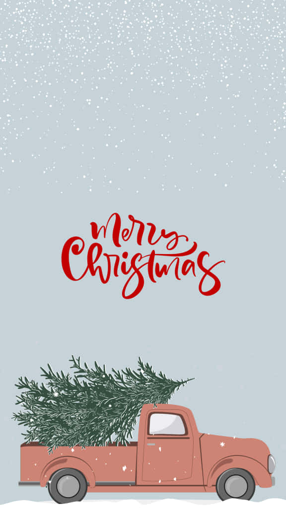 vintage red truck, green Christmas tree, falling snow, SD Phone Wallpaper