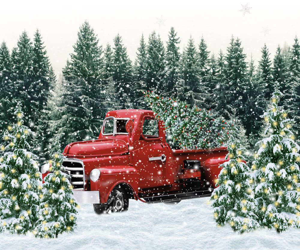 vintage red pickup truck, Christmas tree, snowy pine forest, SD Desktop Wallpaper