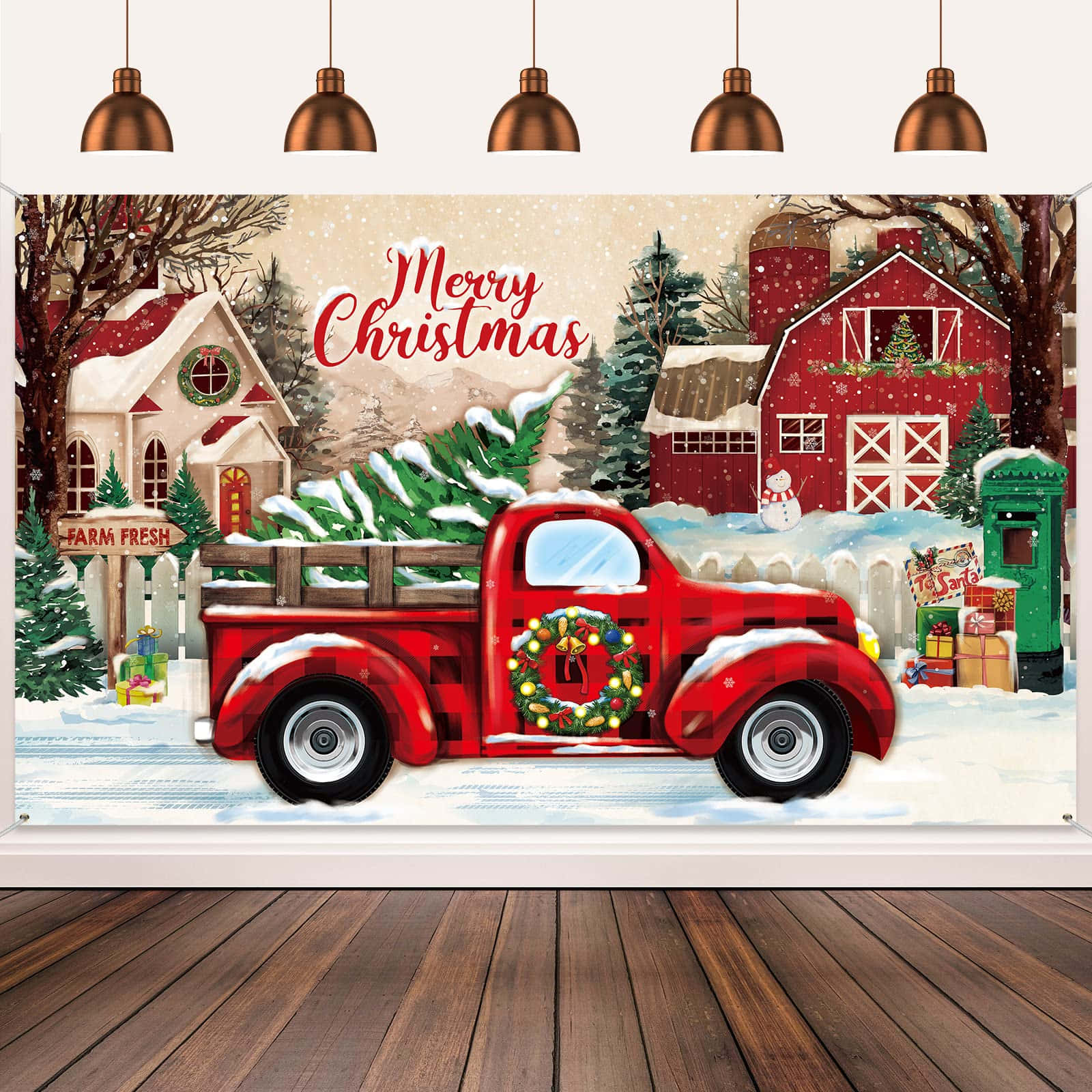 vintage red pickup truck, festive wreath, snowy Christmas scene, HD Desktop Wallpaper