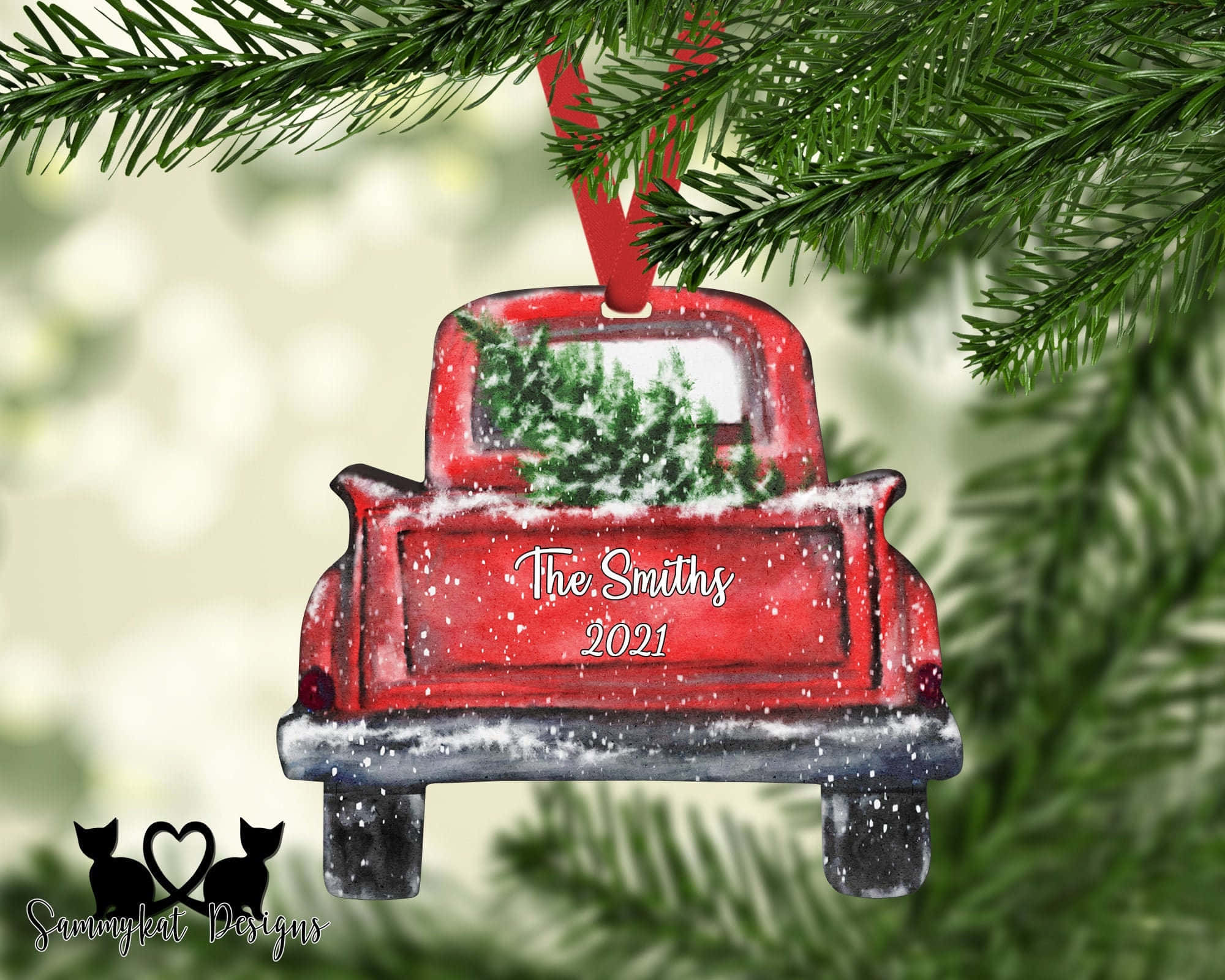red vintage truck ornament, snow, pine trees, Full HD Desktop Wallpaper