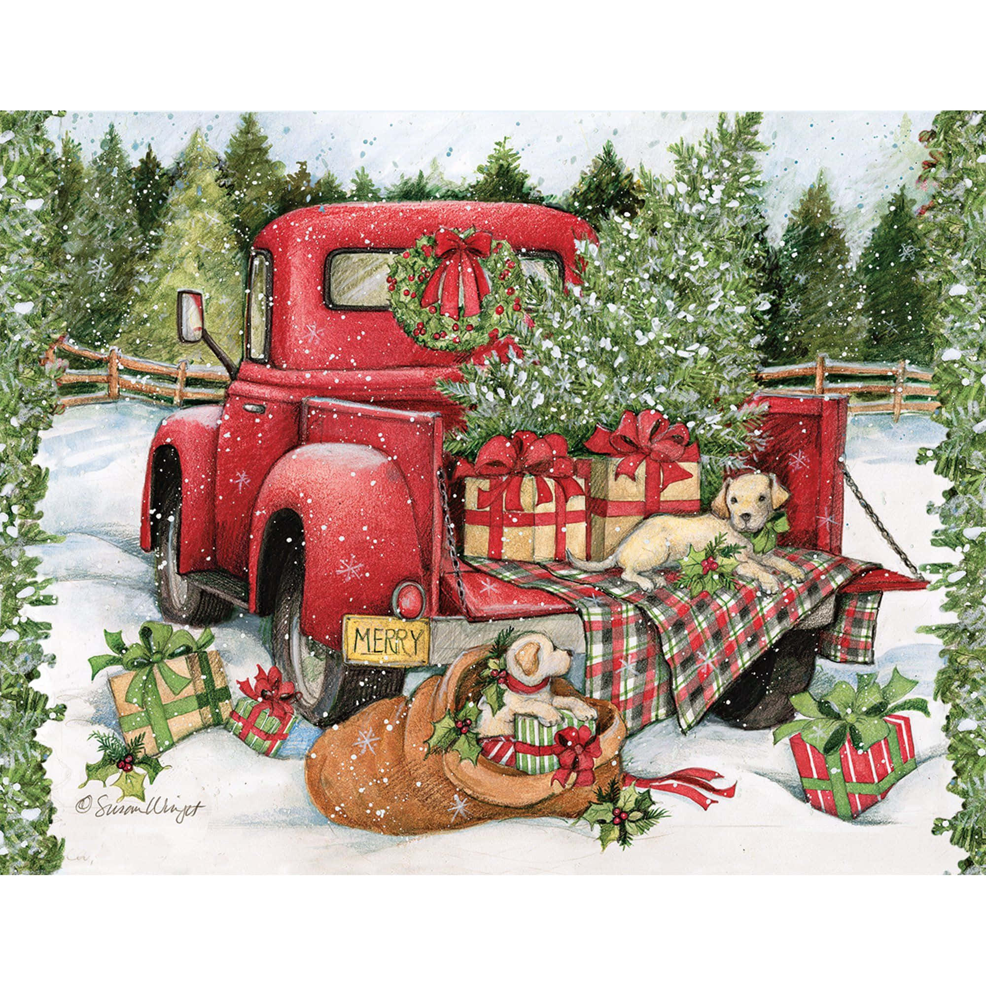 vintage red truck, Christmas tree, gifts, Full HD Desktop Wallpaper