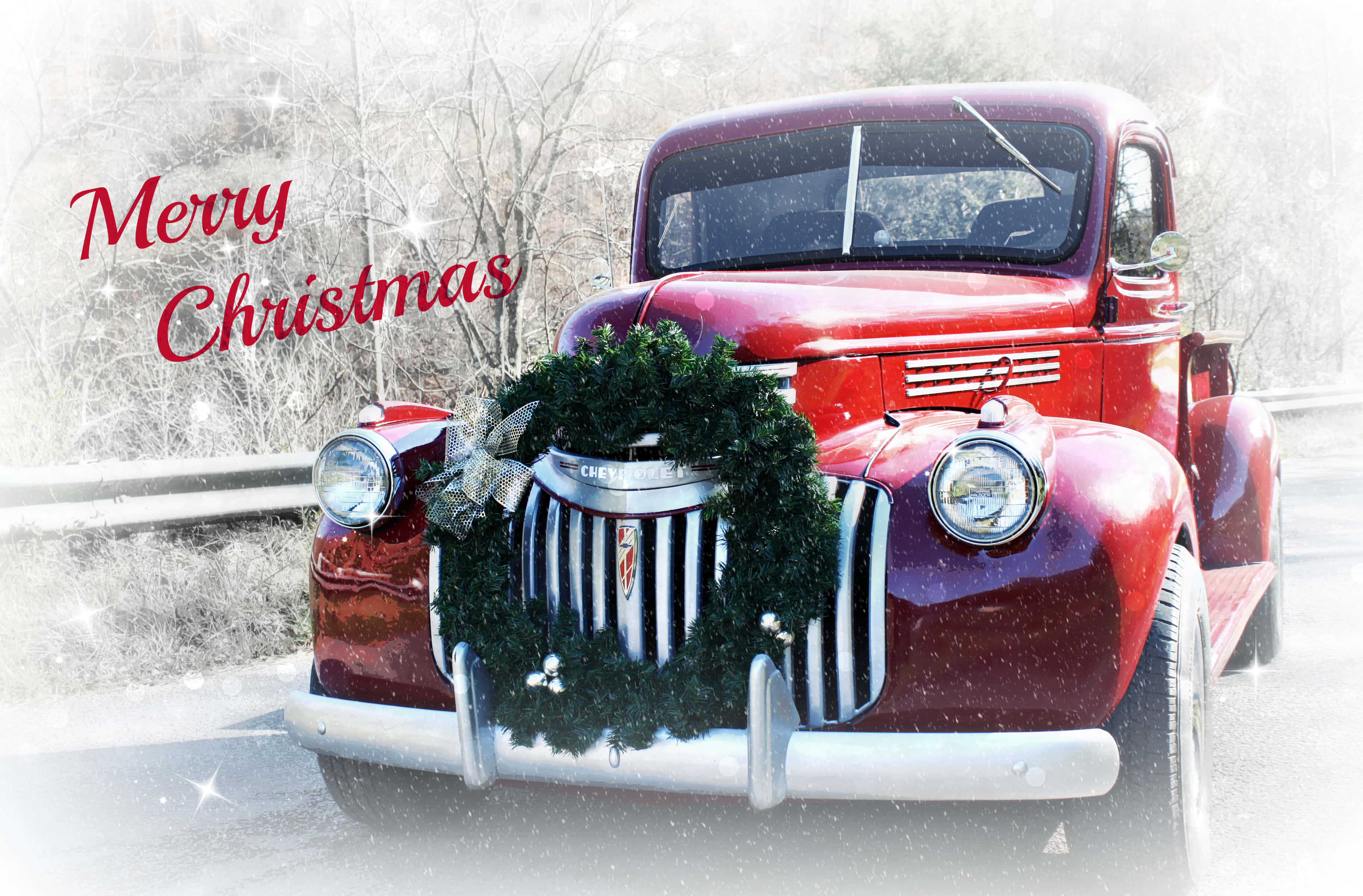 vintage red truck, Christmas wreath, snowy winter landscape, 2K Desktop Wallpaper