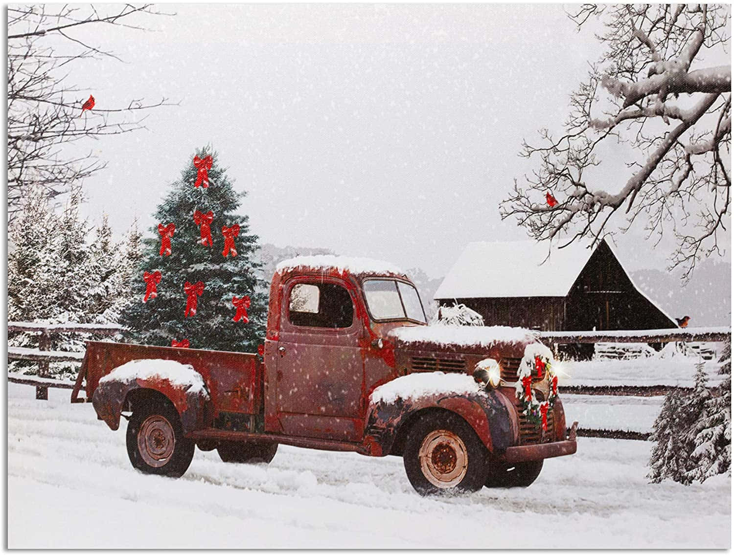 vintage red pickup truck, Christmas tree, snowy rural landscape, HD Desktop Wallpaper