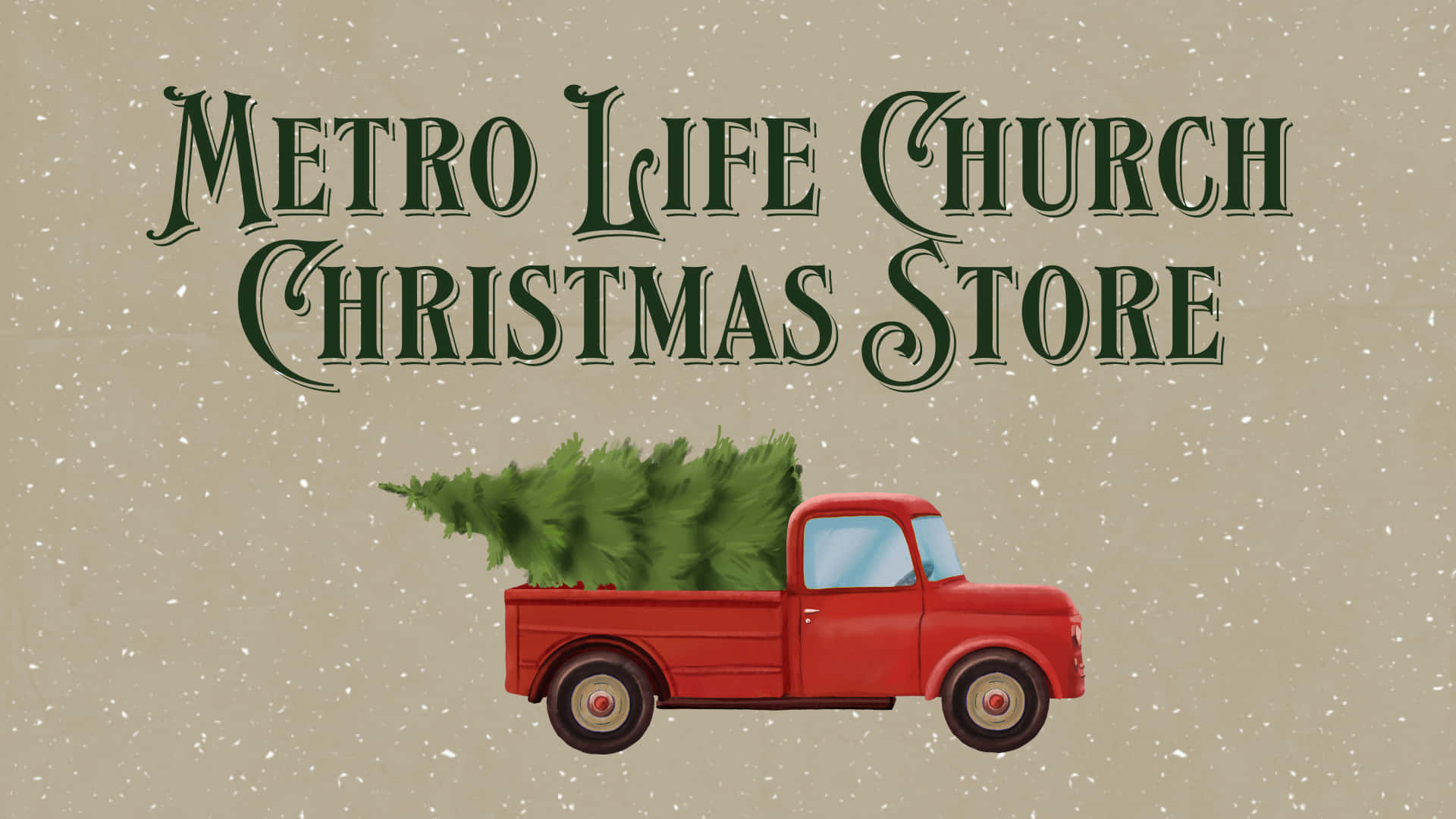vintage red pickup truck, lush green Christmas tree, speckled beige background, Full HD Desktop Wallpaper