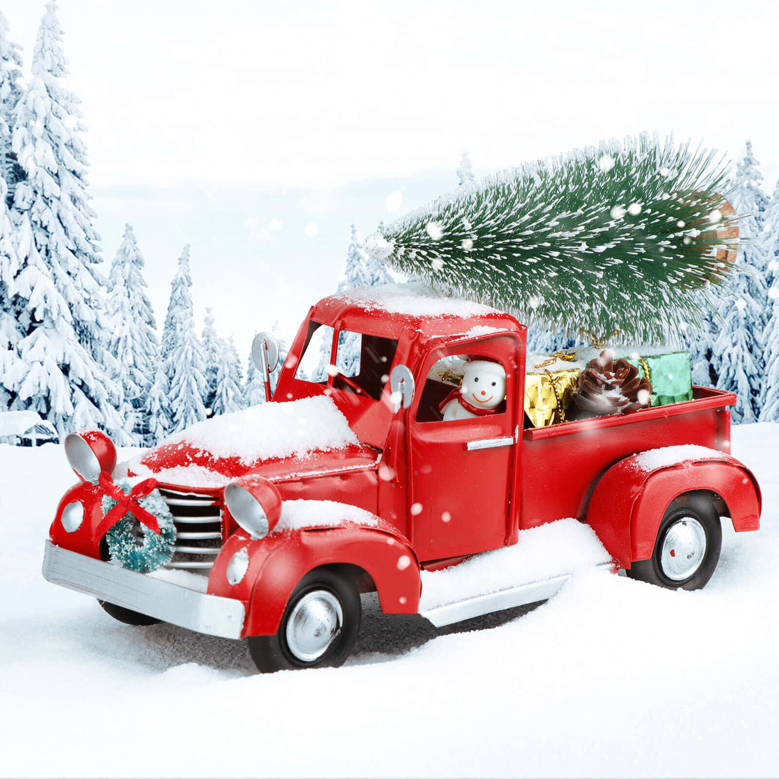vintage red truck, Christmas tree, snowy forest, HD Desktop Wallpaper