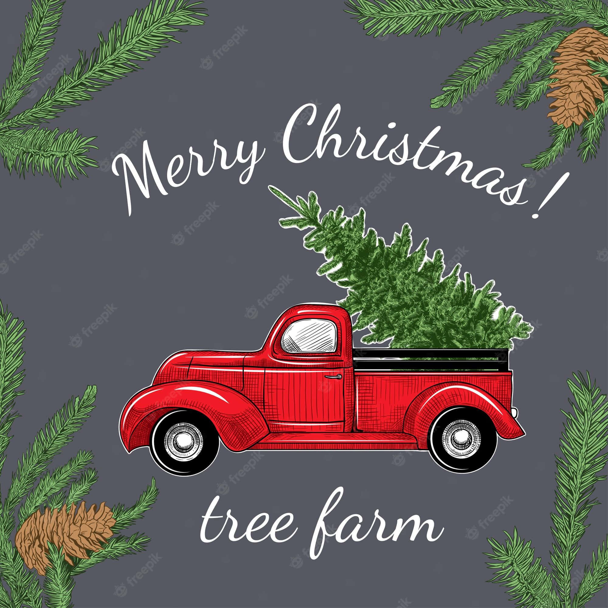 vintage red pickup truck, fresh pine tree, dark gray background, Full HD Desktop Wallpaper
