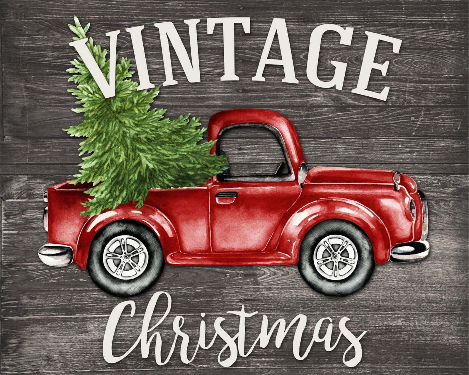 vintage truck, red vintage pickup truck, green Christmas tree, HD Desktop Wallpaper
