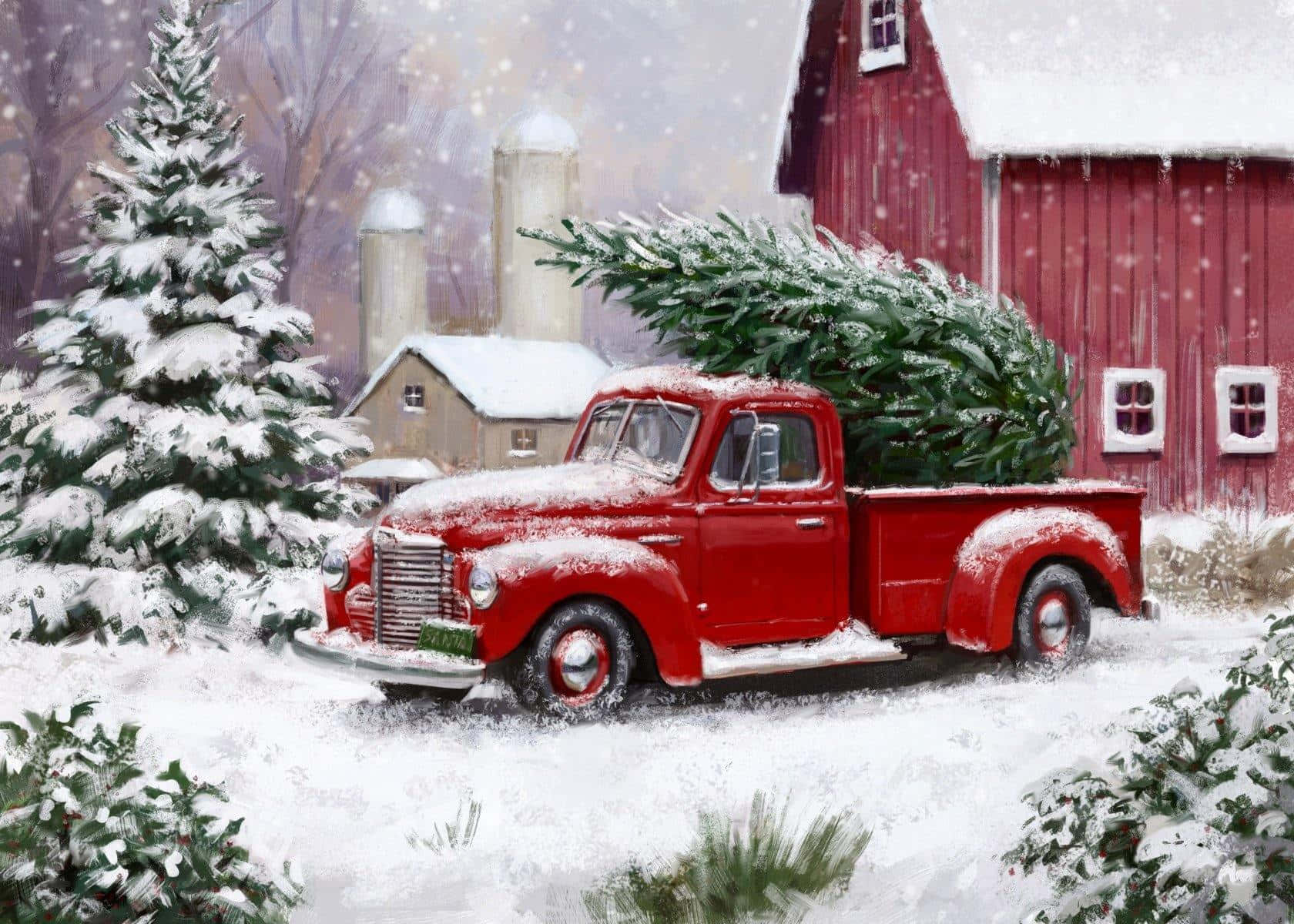 vintage red pickup truck, snowy Christmas tree, winter farmyard, HD Desktop Wallpaper