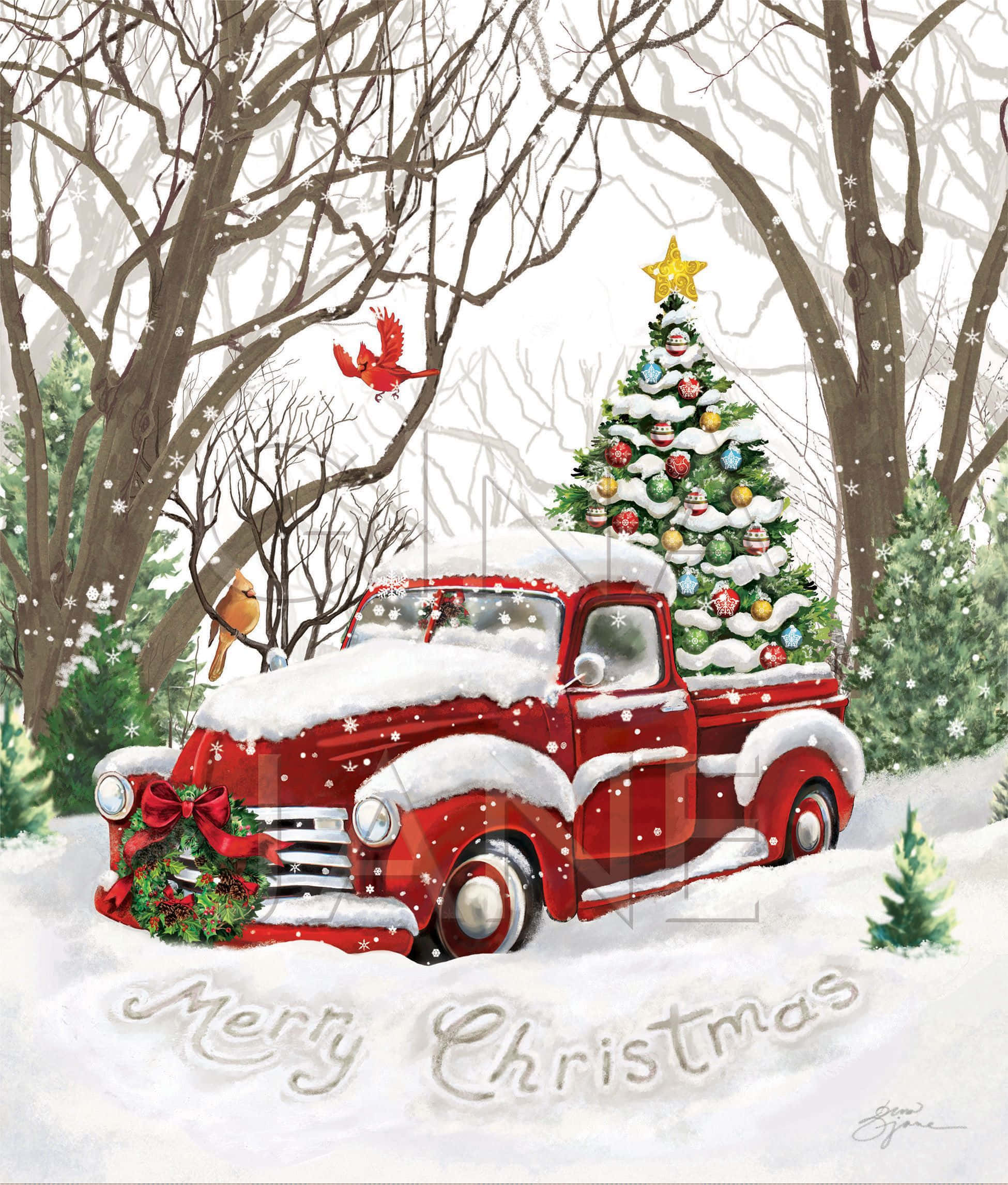vintage red pickup truck, snowy Christmas tree, winter forest, Full HD Phone Wallpaper