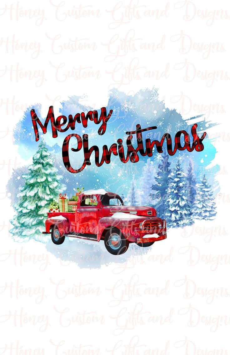 red vintage truck, snowy pine forest, blue watercolor sky, SD Phone Wallpaper