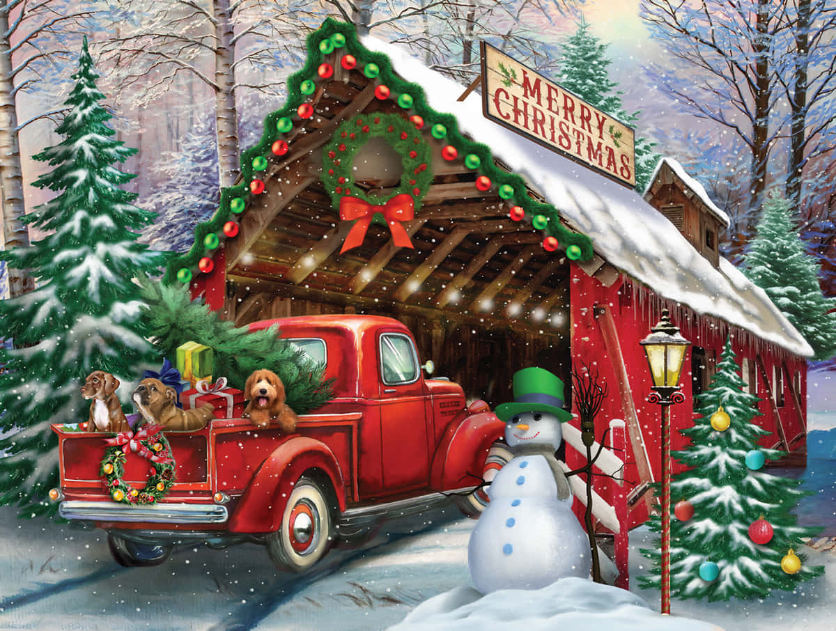 vintage red truck, Christmas trees, dogs, SD Desktop Wallpaper