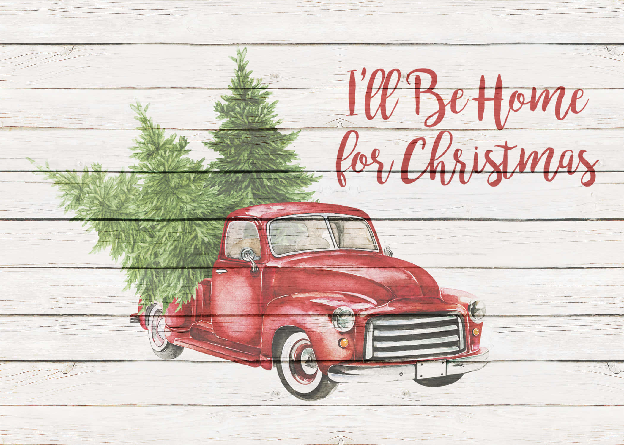 vintage red truck, green Christmas tree, white wooden plank background, Full HD Desktop Wallpaper