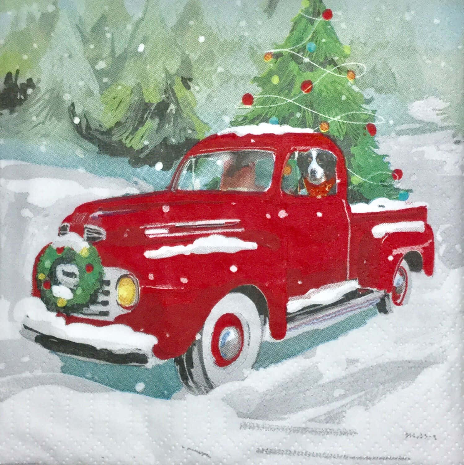 vintage red truck, decorated Christmas tree, snowy forest, HD Phone Wallpaper