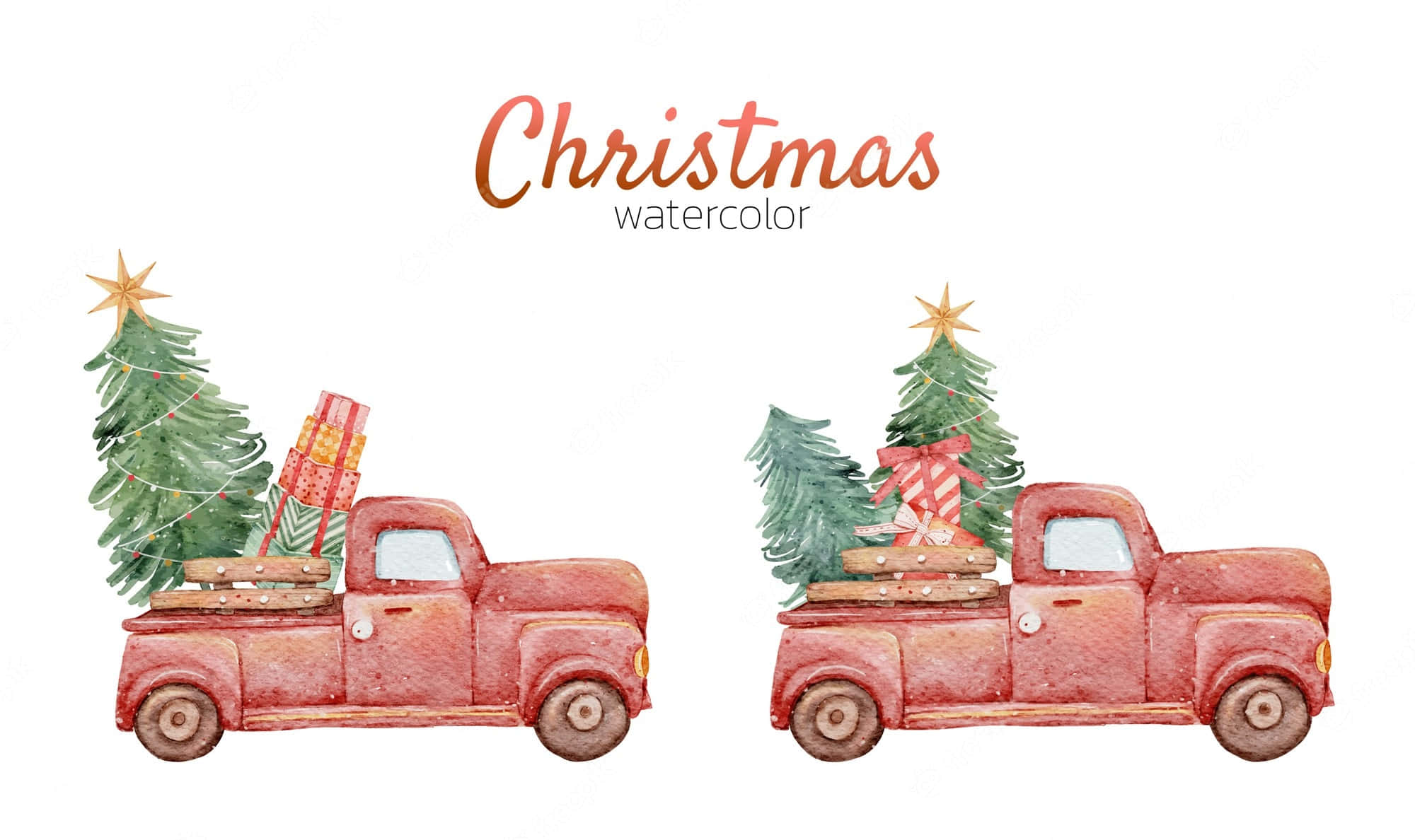 vintage red trucks, decorated Christmas trees, wrapped gifts, Full HD Desktop Wallpaper