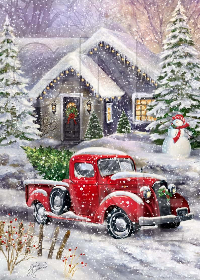 vintage red pickup truck, Christmas tree, snow-covered cottage, SD Phone Wallpaper