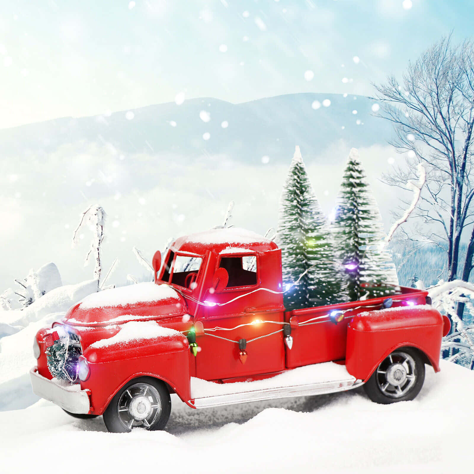 vintage red pickup truck, Christmas lights, snowy mountain backdrop, HD Desktop Wallpaper