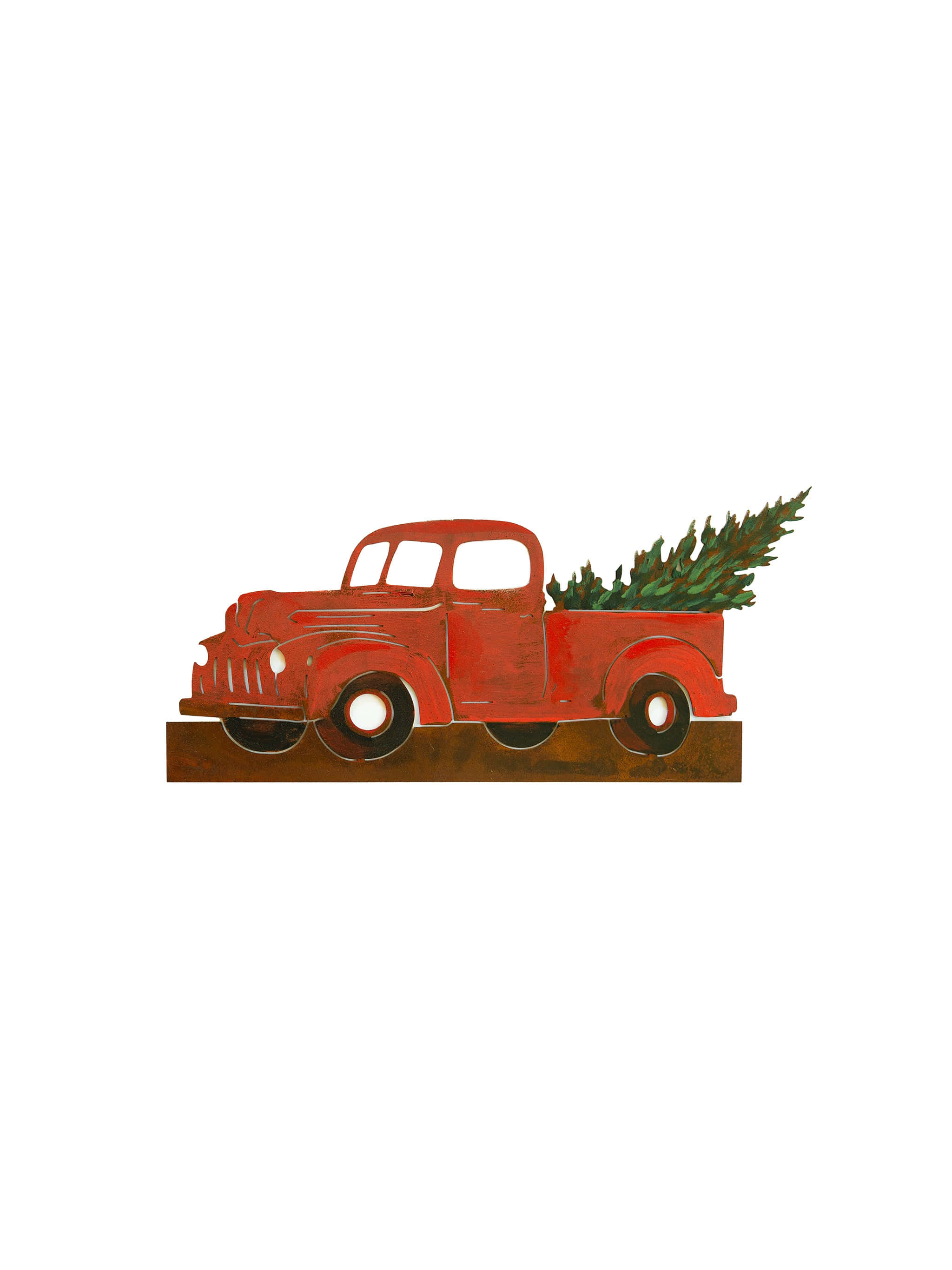 vintage red metal truck, green Christmas tree, stark white background, 2K Phone Wallpaper