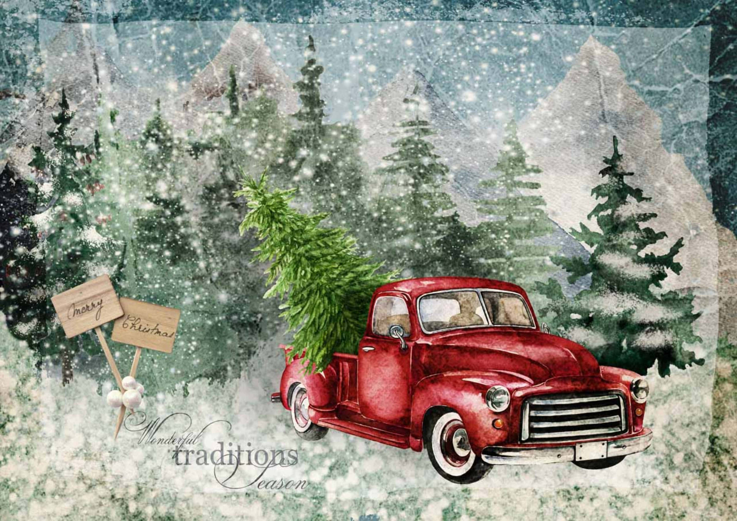 vintage red truck, Christmas tree, snowy forest, Full HD Desktop Wallpaper