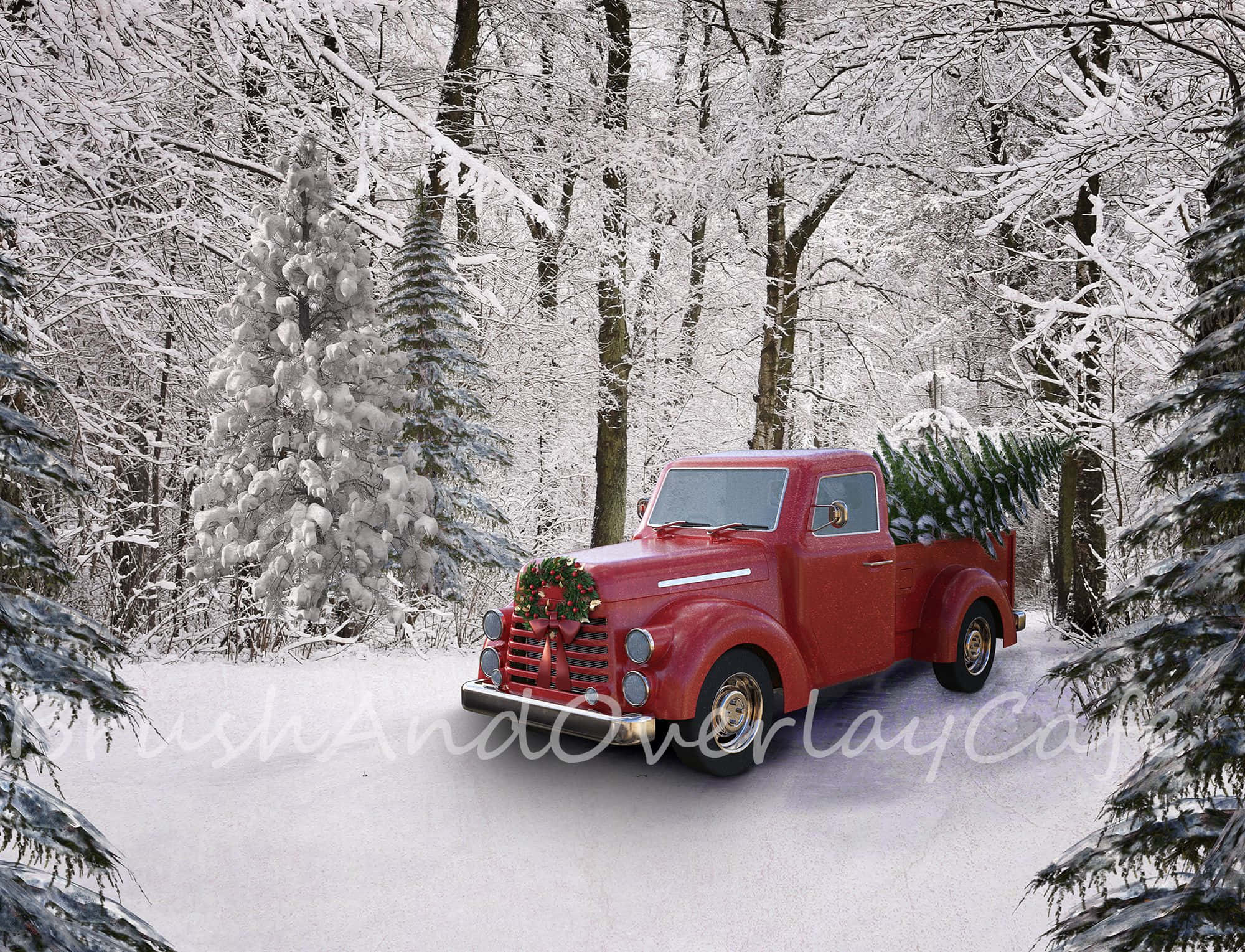 vintage red pickup truck, snowy Christmas tree, winter forest, Full HD Desktop Wallpaper