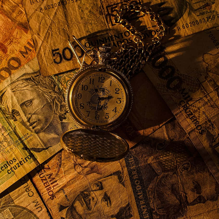 vintage pocket watch, dragon design, Brazilian cruzeiro banknotes, SD Desktop Wallpaper