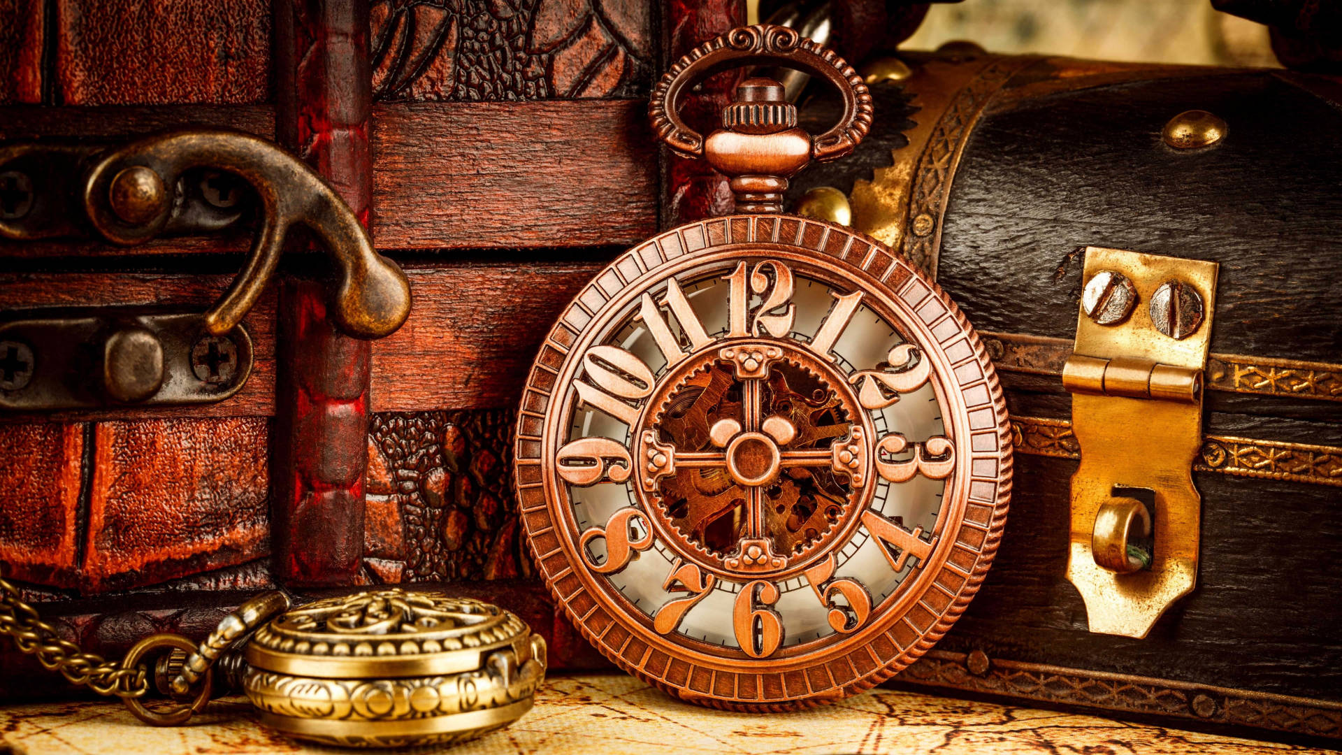 copper pocket watch, visible gears, vintage map, Full HD Desktop Wallpaper