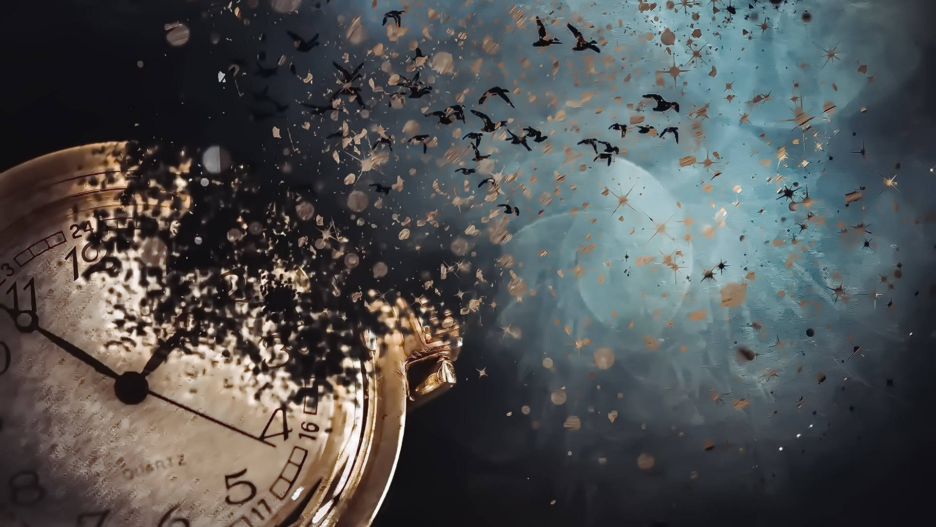 Fading Watch Tiempo, golden particles, swirling blue mist, Full HD Desktop Wallpaper