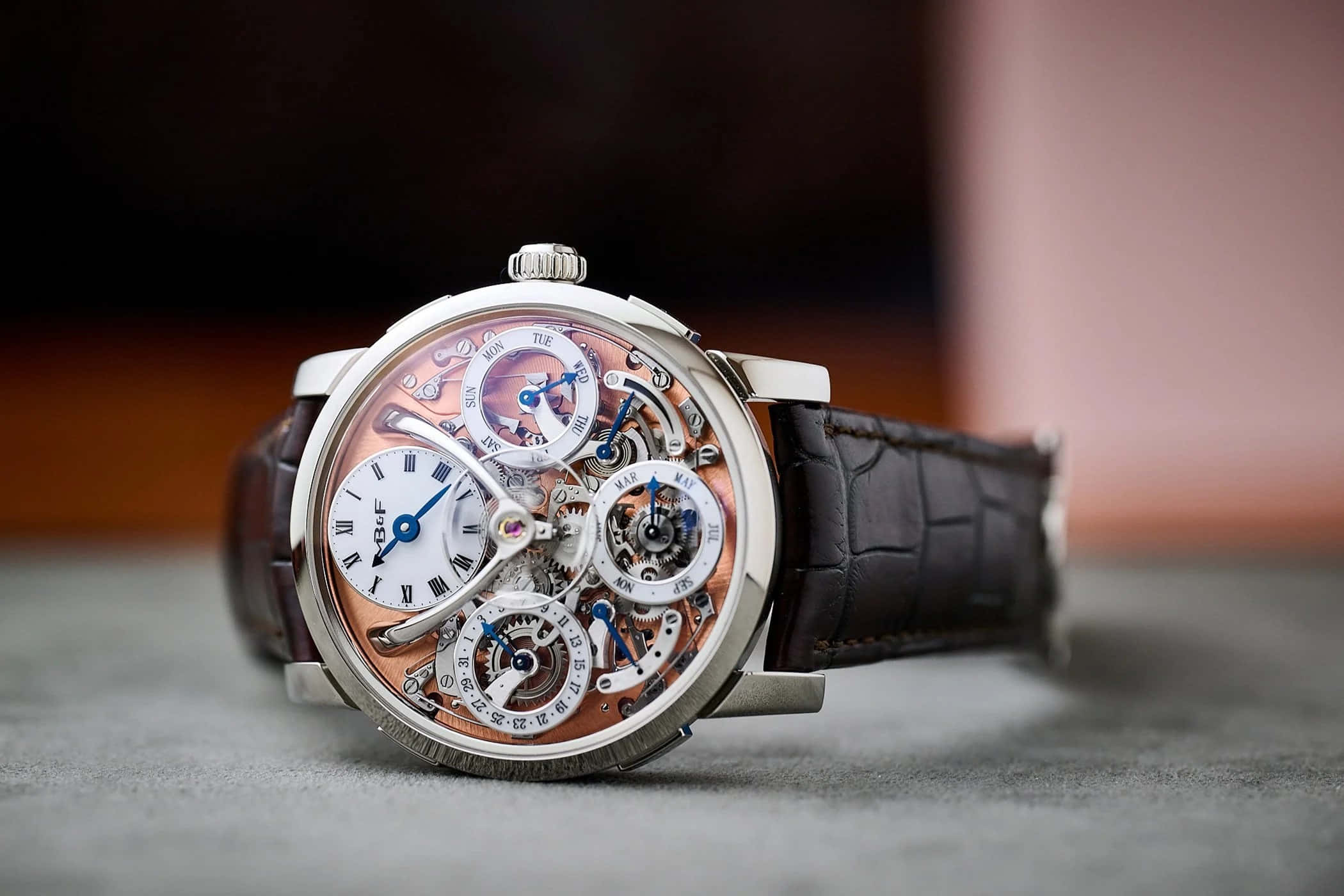 luxury skeleton watch, exposed mechanical movement, brown leather strap, Full HD Desktop Wallpaper