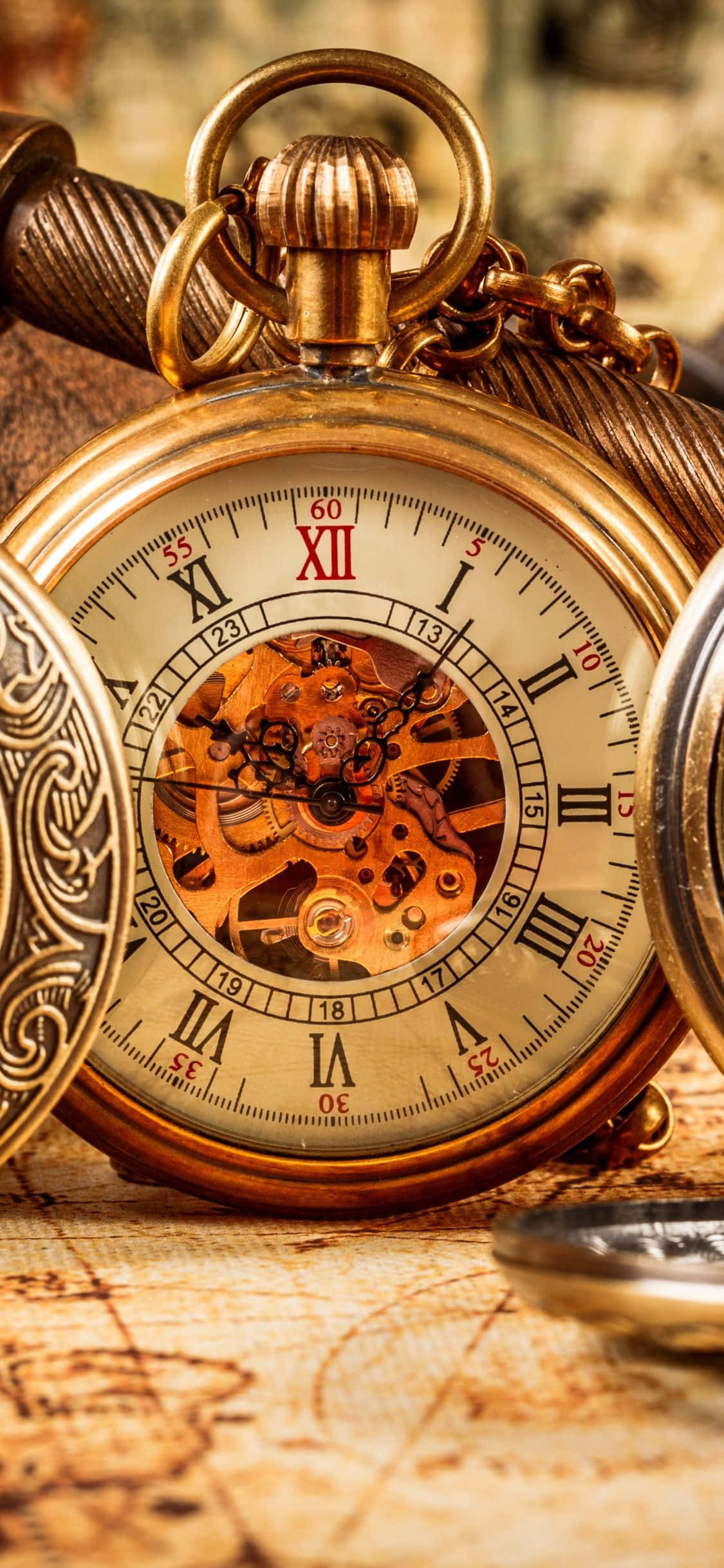 antique pocket watch, exposed gears, brass, Full HD Phone Wallpaper