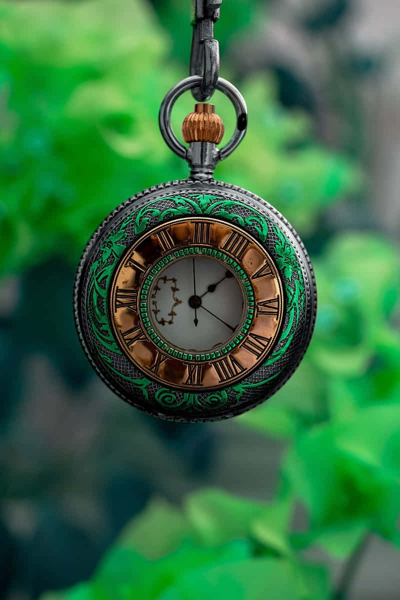 antique pocket watch, green filigree, copper Roman numerals, SD Phone Wallpaper