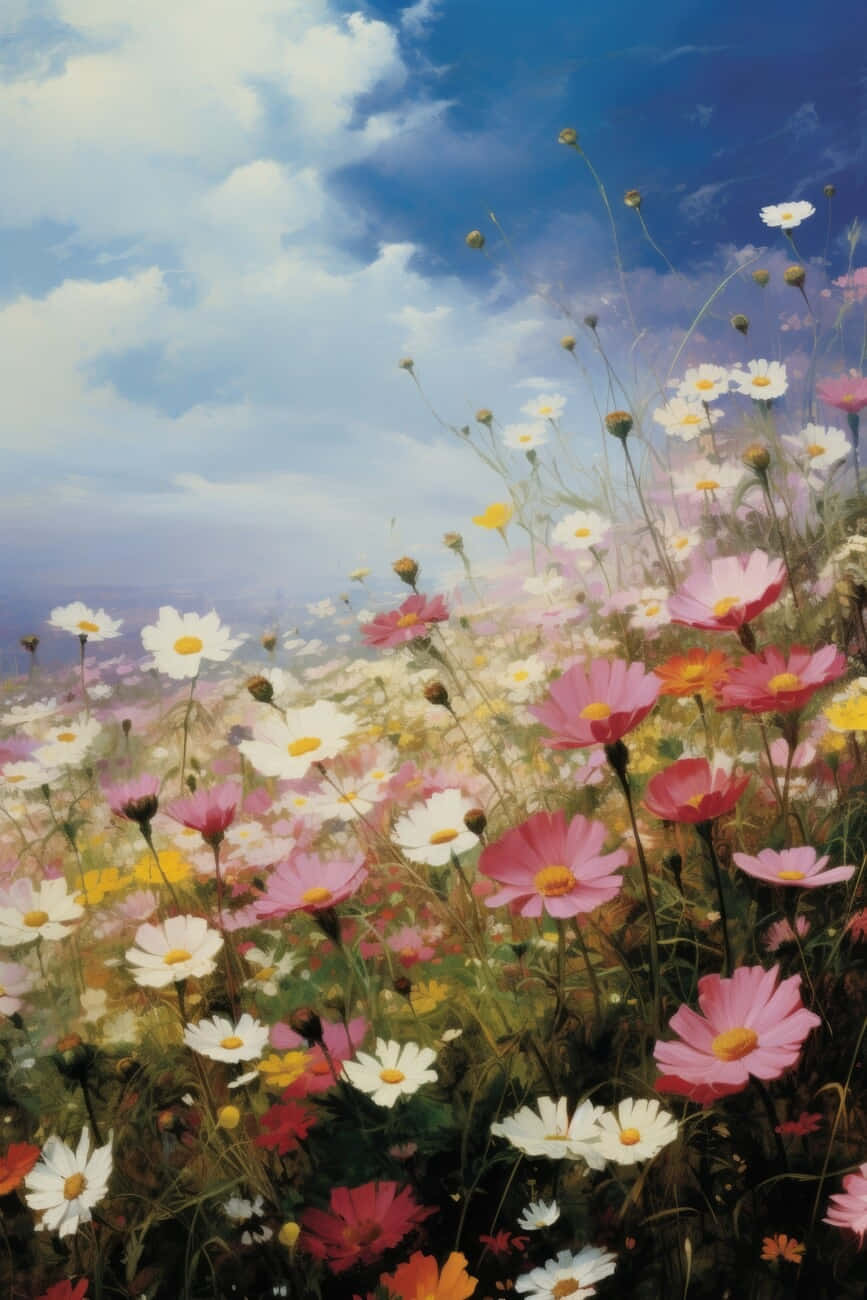 blooming meadow skyline, pink white and yellow cosmos flowers, bright blue sky, HD Phone Wallpaper