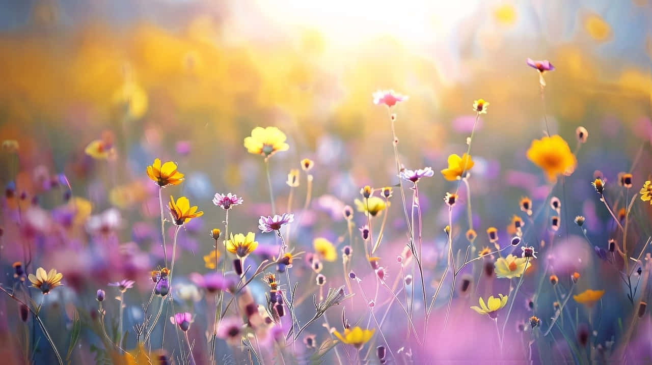 sunlit meadow, yellow wildflowers, purple wildflowers, HD Desktop Wallpaper