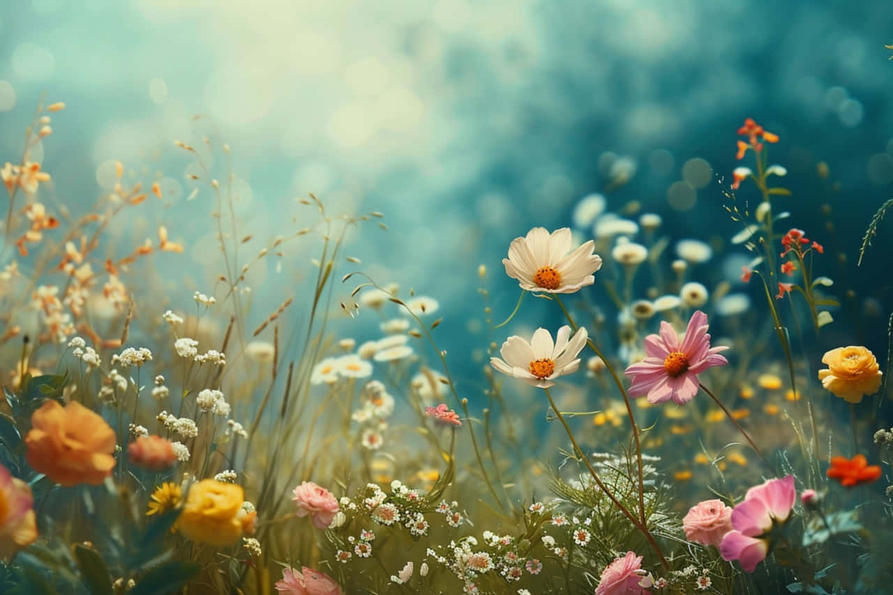 enchanted meadow, pink white and yellow wildflowers, dreamy teal bokeh background, HD Desktop Wallpaper