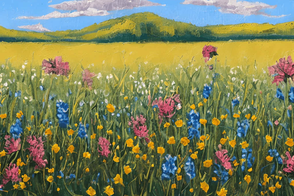 pink blue and yellow wildflowers, blue sky, fluffy clouds, SD Desktop Wallpaper