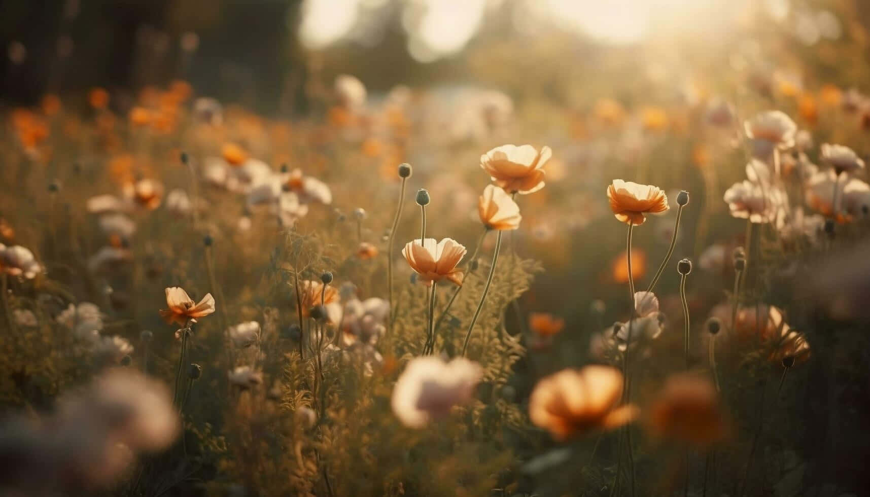 Golden Hour, orange and white poppies, warm glowing bokeh effect, HD Desktop Wallpaper