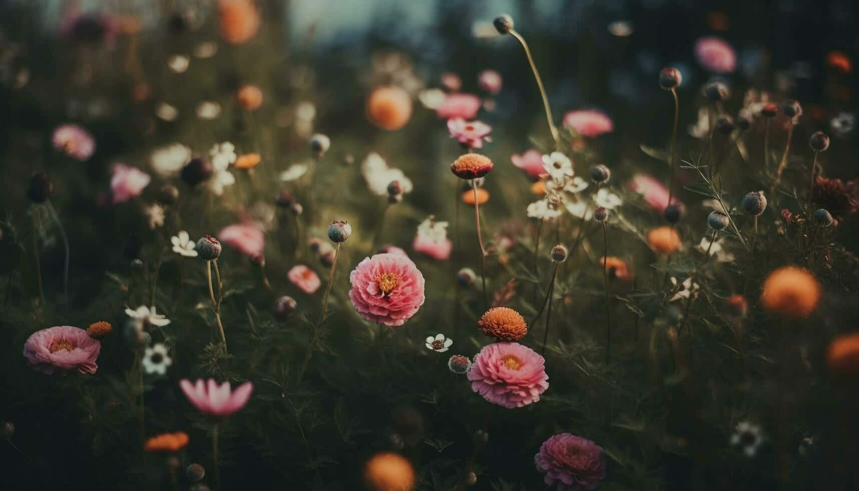 Enchanted Meadow Wildflowers, pink orange and white blooms, soft-focus field, HD Desktop Wallpaper