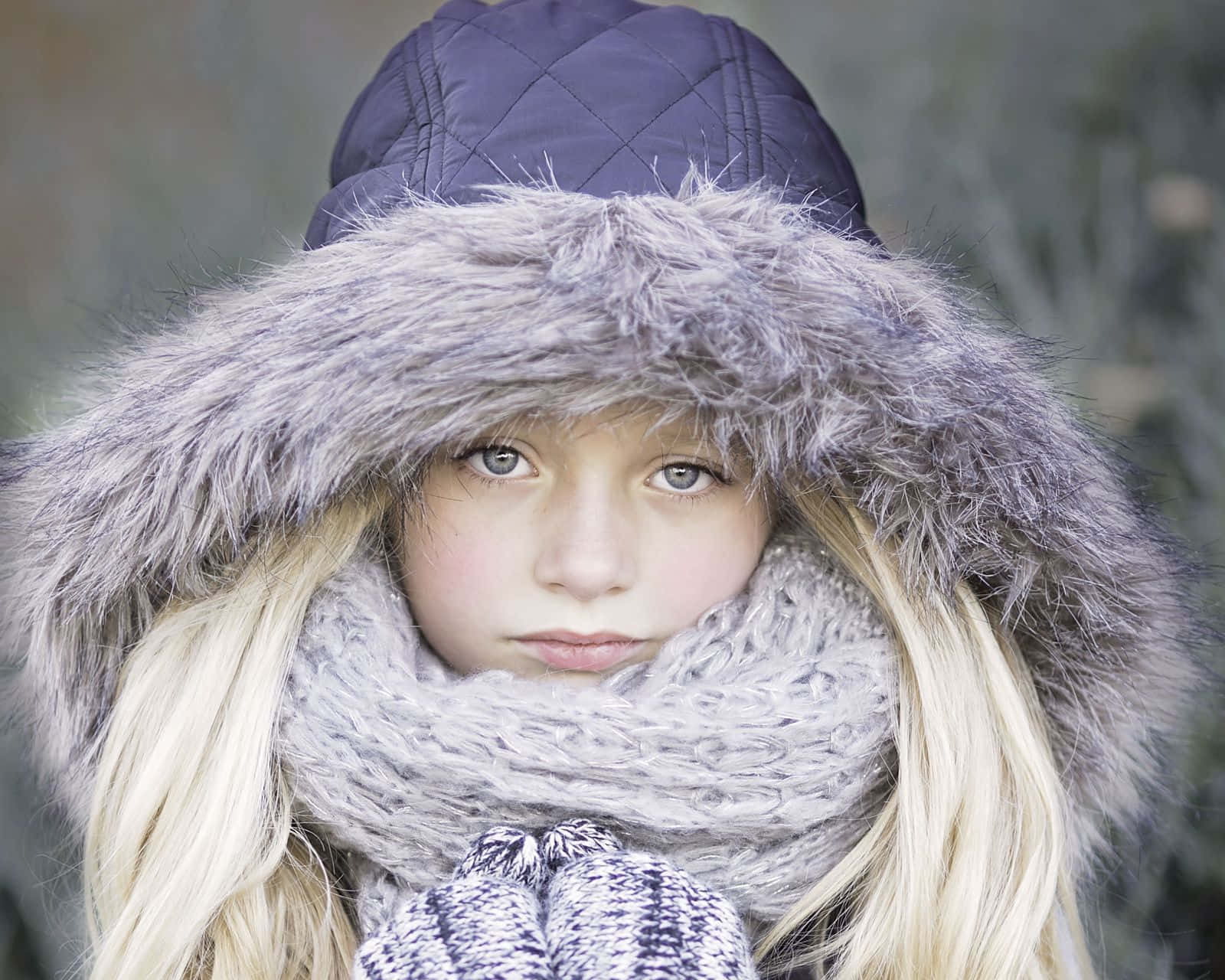 blonde hair, fur-lined hood, thick scarf, HD Desktop Wallpaper