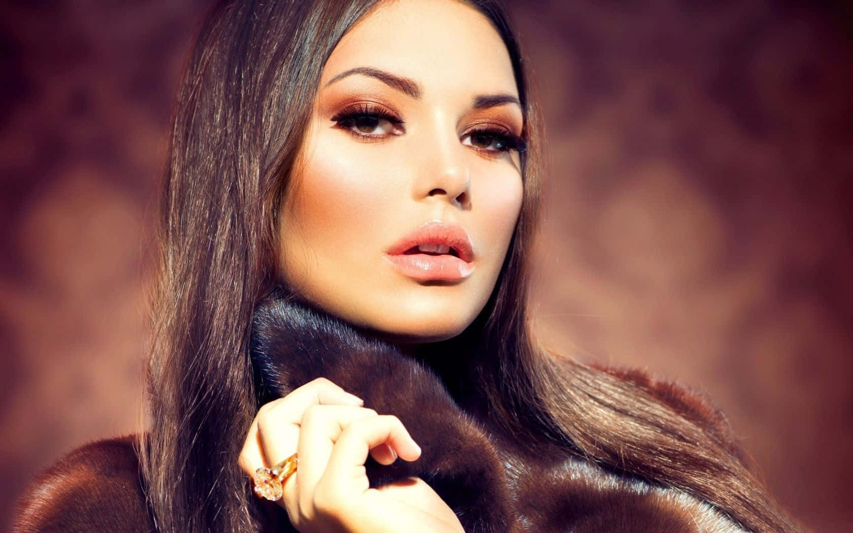 brown fur coat, long dark hair, bold makeup, HD Desktop Wallpaper