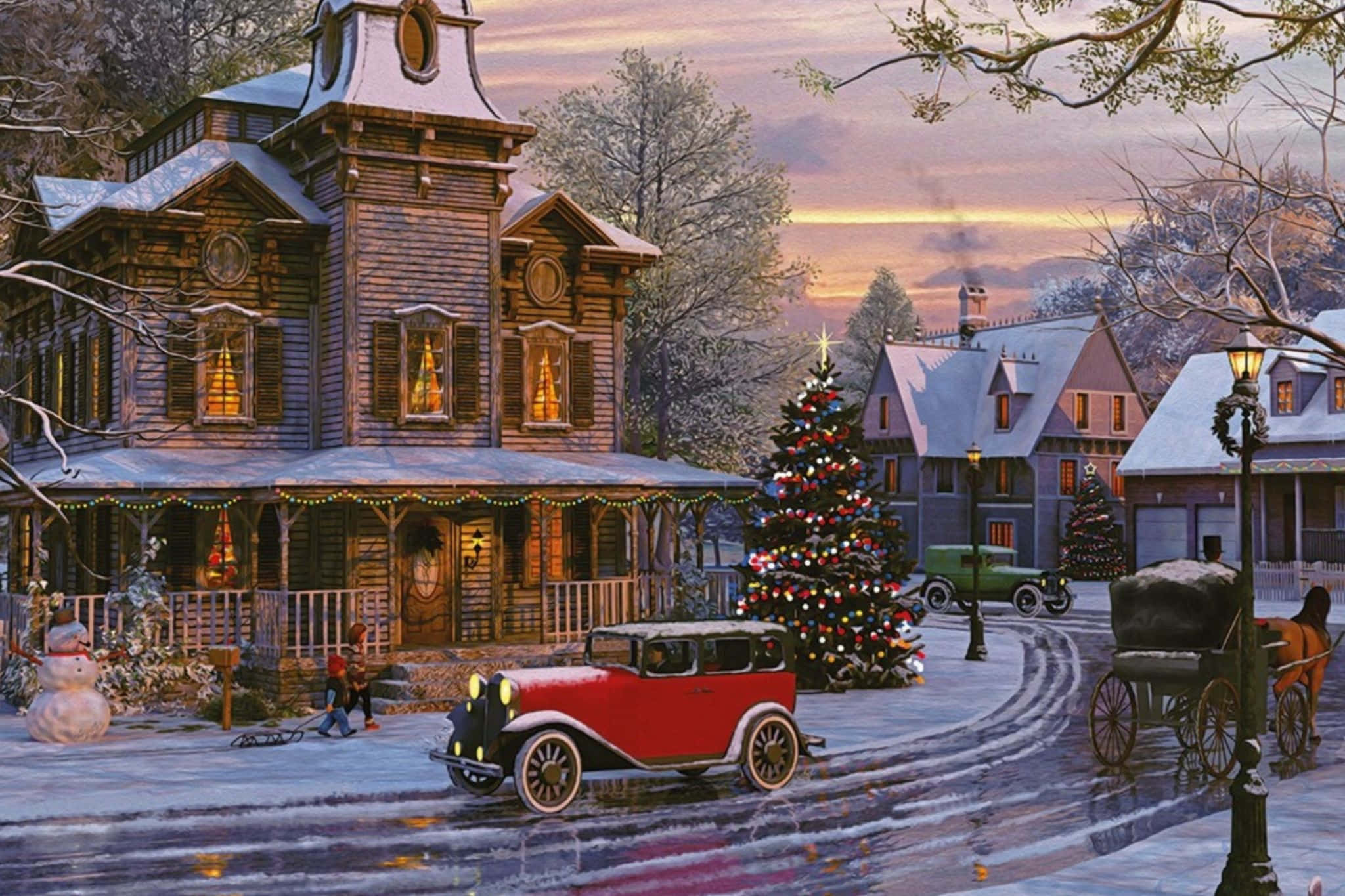 vintage red car, snow-covered Victorian home, Christmas lights, Full HD Desktop Wallpaper