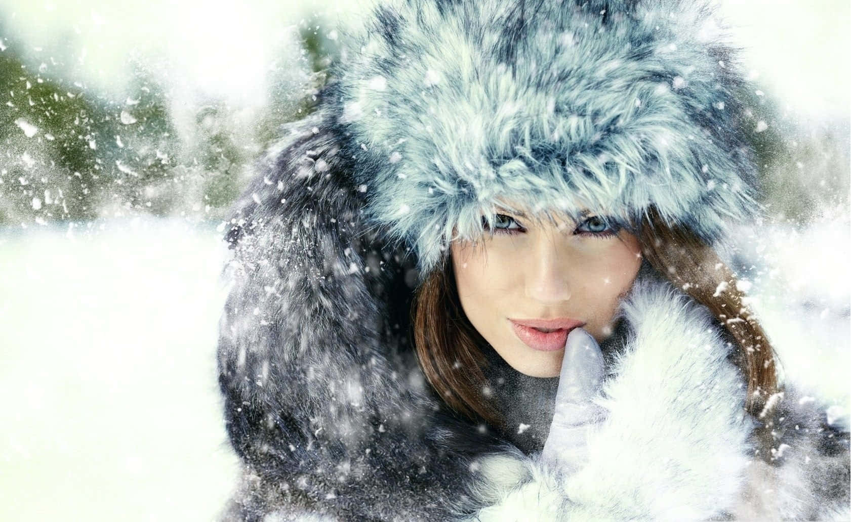 fluffy gray fur hat, coat, snowy landscape, HD Desktop Wallpaper