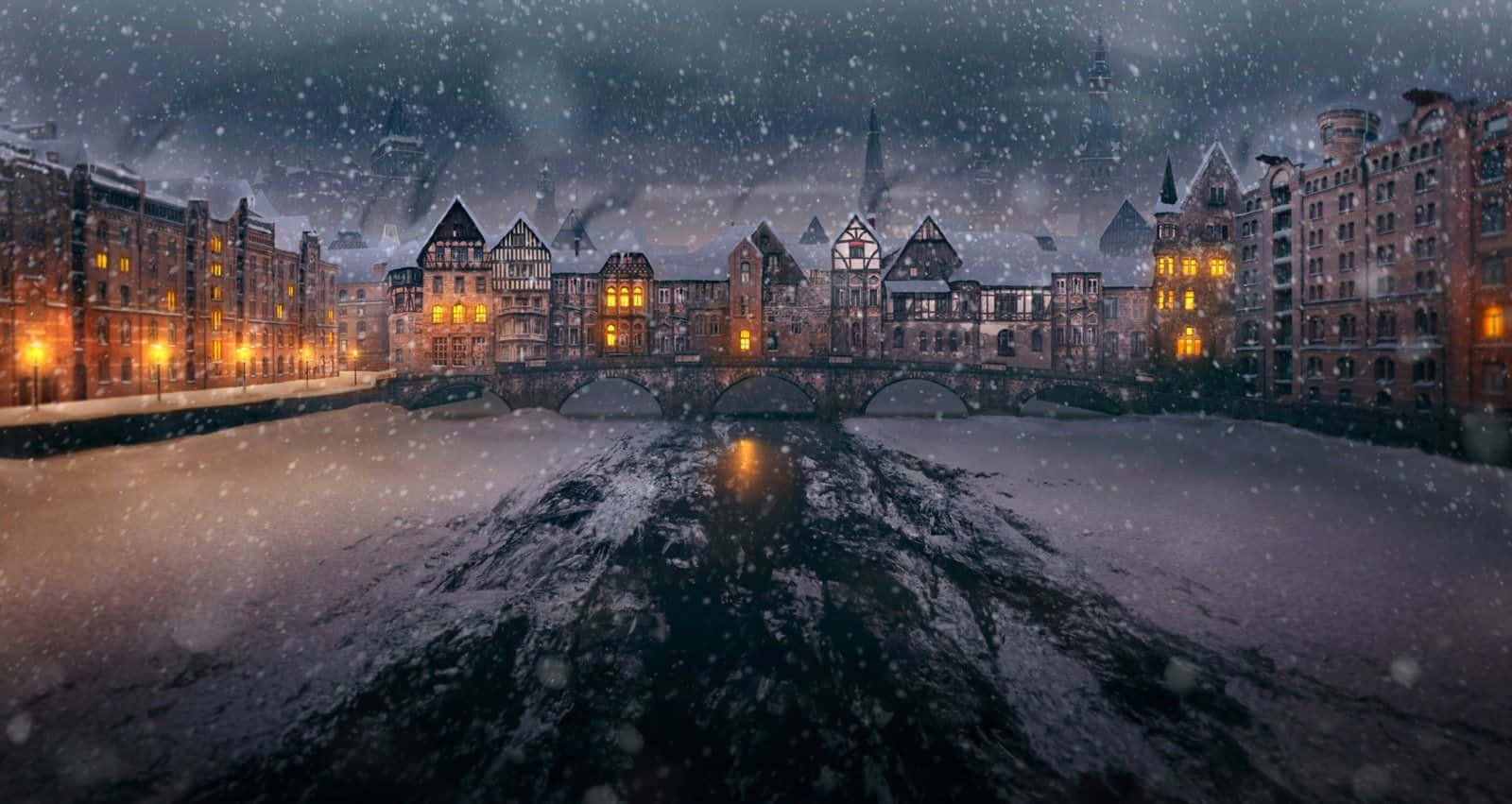 Old Winter, historic European river town, snow falls heavily, HD Desktop Wallpaper