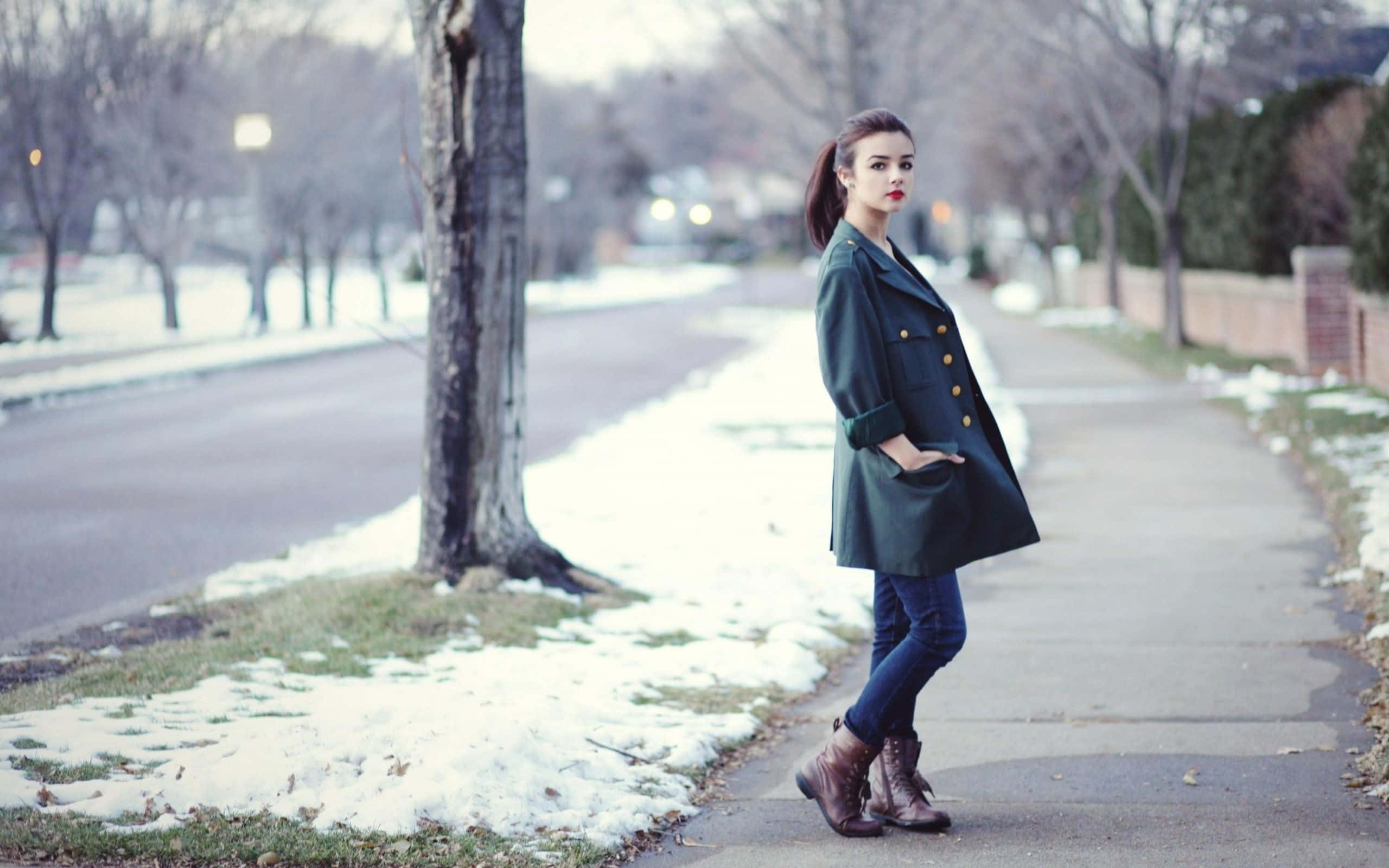 dark green coat, snowy sidewalk, bare tree, 2K Desktop Wallpaper