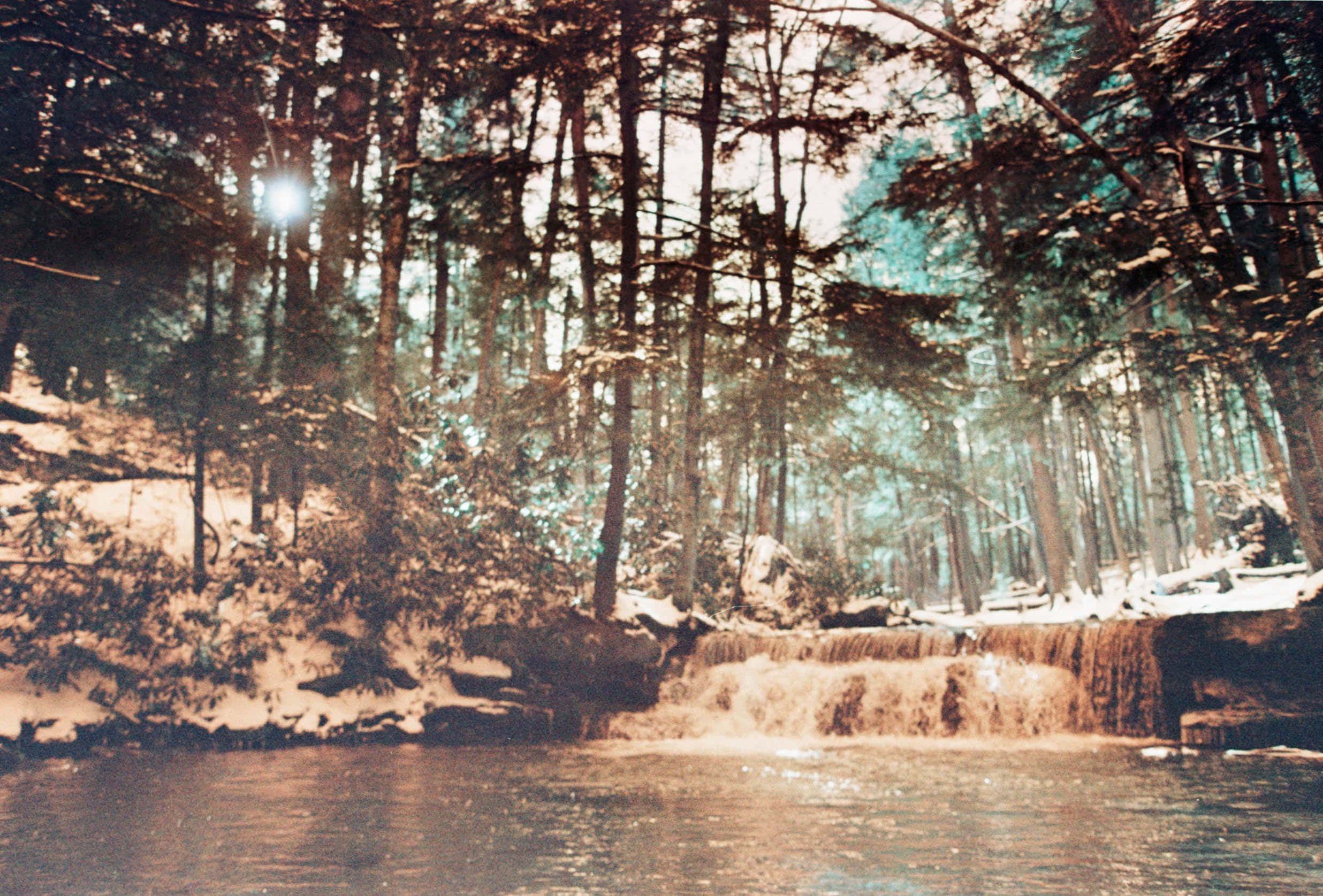 Vintage Winter Forest Waterfall, snowy forest, waterfall, Full HD Desktop Wallpaper